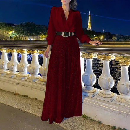 2025 Women's New Arrival Casual Stylish V-Neck Elegant Regular Fit Waist-Sealed Puff Sleeve Wide-Leg Long-Sleeve Shirt Jumpsuit