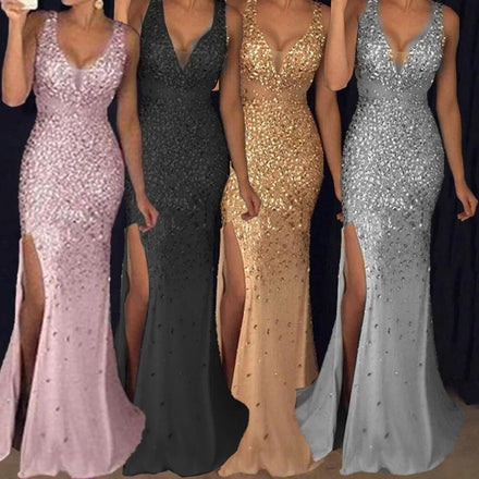 2025 New Arrival Women's Long Dress | Spaghetti Strap V-Neck Split Gold-Splattered Formal Gown