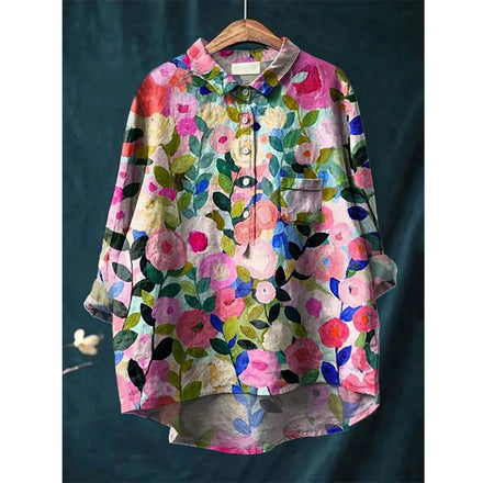 2025 Summer Elegant Office Ladies' New Loose Casual Printed Turnover Collar Long-sleeve Women's Blouse
