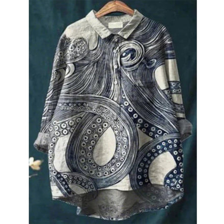 2025 Summer Elegant Office Women's Floral Printed Polyester Simple Loose Casual Turnover Collar Long-sleeve Blouse