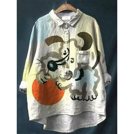 2025 Summer Elegant Office Ladies' New Loose Casual Printed Turnover Collar Long-sleeve Women's Blouse