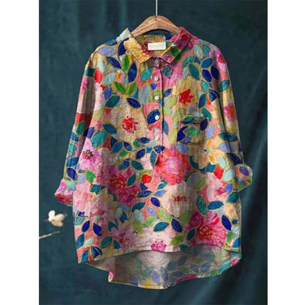 2025 Summer Elegant Office Ladies' New Loose Casual Printed Turnover Collar Long-sleeve Women's Blouse