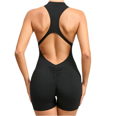 Custom Women's Sports Bodysuit Breathable Bodycon Shorts Jumpsuit Mock Neck Backless Design Scrunch Romper Tummy