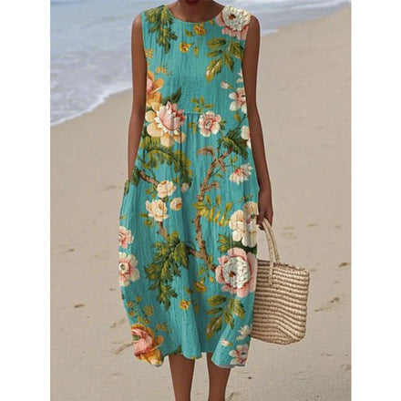 2025 Summer Floral Woven Natural Waist Sleeveless Casual Breathable Comfortable Dress Fresh and Comfortable