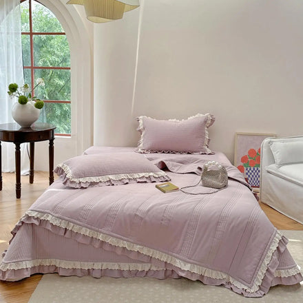 Summer Cool 100% Cotton Quilting Bedding Pink Solid Color Bed Fitted & Bedspread Designer Pillow Shams 4PCS Bedding Set