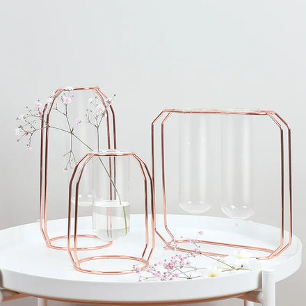 Luxury Gold Double Test Tube Vase Stand Geometric Metal Frame Holder for Home Office & Decorative Flower Display