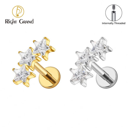 ASTM F136 Titanium Internal Threaded Triple Star Cluster Cartilage Earring Flat Back Labret Stud Tragus Helix Piercing Jewelry