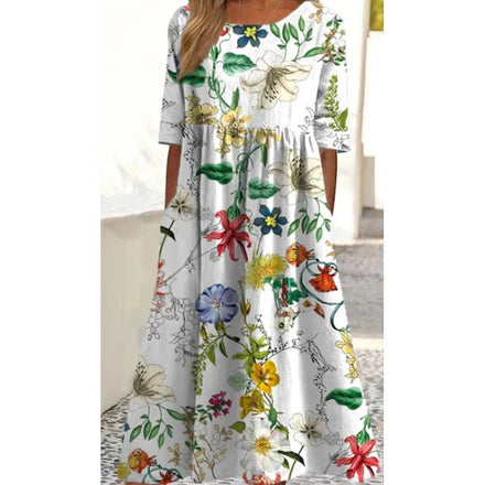 2025 Summer New Women's Dress: Loose Casual Stylish High - End Crew - Neck Printed Dress with a Loose Waist