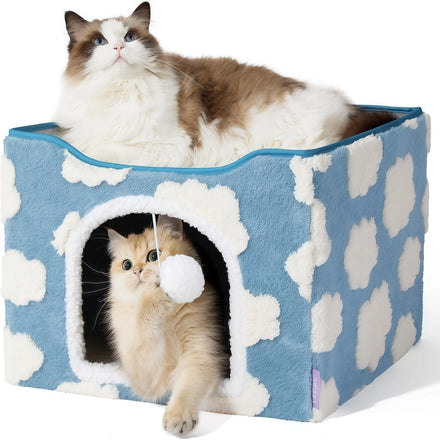 Large Cat Cave for Pet Cube with Fluffy Ball Hanging Foldable and Washable Small Aminal Hideaway Indoor Cat Beds Kitten House