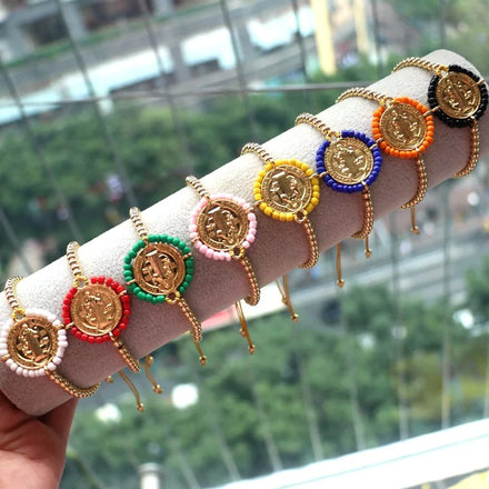 New Fashion Ins Color Round Virgin Mary Copper Beaded Bracelet Retro Bohemian Style Geometric Bracelets Bangles