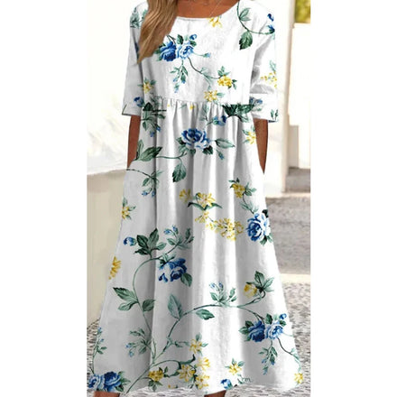 2025 Summer New Women's Dress: Loose Casual Stylish High - End Crew - Neck Printed Dress with a Loose Waist