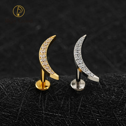 Right Grand ASTM F136 Titanium Internal Thread New Moon CZ Cartilage Earring 16G Labret Tragus Helix Flat Back Piercing Jewelry