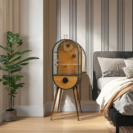 Large Luxury DIY Bird Cage Natural Wooden Solid Wood Stainless Steel Golden Button Closure for Parrots Pigeons Box Bird House