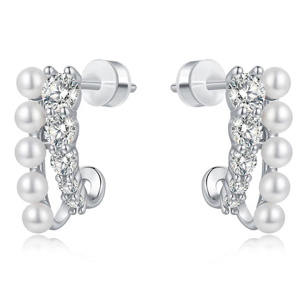 New Silver Color Double-Layer Crystal Pearl Bright White Zirconia Stud Earrings Women's Jewelry Factory Wholesale
