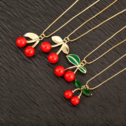 QIKU Wholesale New Cherry Charms Fruit Metal Pendants Dangle for DIY Necklace Jewelry Accessory 18k Gold Plated Pendants Charms