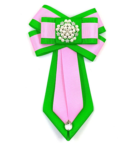 Pink & Green Pearl Polyester Ribbon Floral Bow Tie Women's Brooch Pin for Wedding Engagement Gift