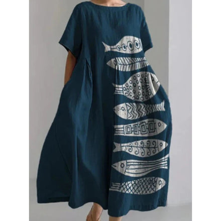 2025 Summer New Collection: Relaxed Crewneck Chic High-end Short-sleeved Printed A-line Dress