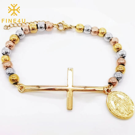 Elegant Gold Plated Stainless Steel Beaded Cross Bracelet Virgin Mary Charm Religious Bracelet Prayer Jewelry for Women