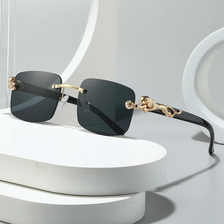 2025 Leopard Decor Rectangular Sunglasses UV400 Famous Design Shades Luxury Brands Cut-Edge Rimless Sunglasses for Women Men