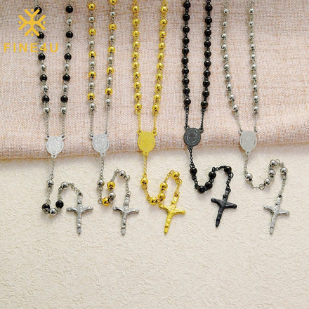 Christian Catholicism Long Stainless Steel Bead Chains Hot Selling Rosary Prayer Beads Cross Religious Necklace Jewelry
