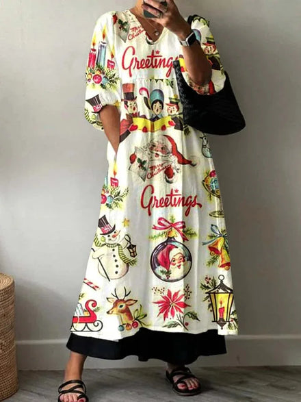 Wholesale Custom Christmas Cartoon Printed Dress with Loose A-Line Silhouette and Breathable Material for Women Festive Holiday