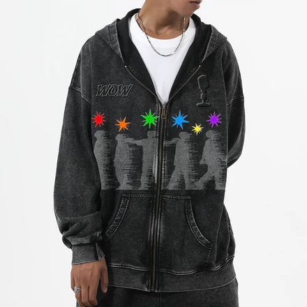 Unisex Heavyweight Custom Zip-Up Distressed Vintage Washed Hoodie Men's Oversized Streetwear Sweatshirt