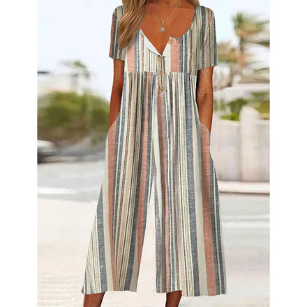 2025 New Foreign Trade Cross - Border Women's Printed Retro Button Polo - Neck Jumpsuit