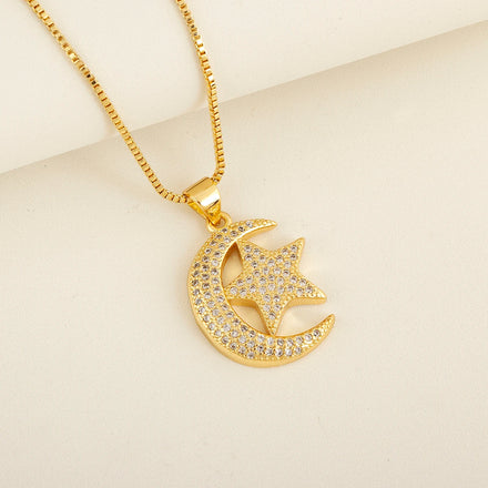 QIKU Wholesale Gold Plated Moon Star Zirconia Pendant Necklace Dainty Celestial Jewelry Copper Chain Necklace Fashion Jewelry