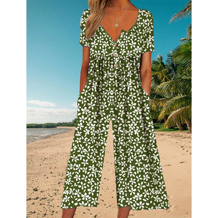 2025 New Foreign Trade Cross - Border Women's Printed Retro Button Polo - Neck Jumpsuit