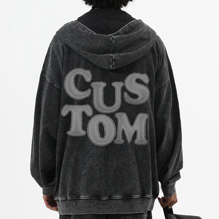 Custom Oversized 350g Cotton Polyester Zip-up Distressed Vintage Hoodie for Men for Puff Print Drop Shoulder Hooded Sweatshirt