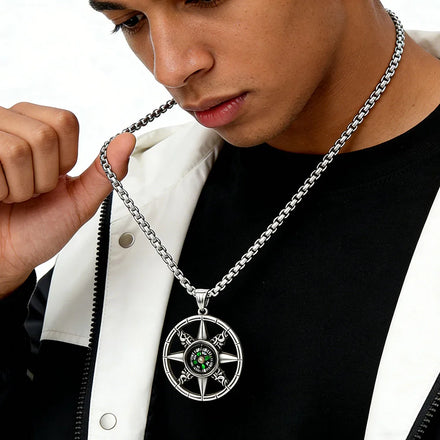 Vintage Sun Design Survival Compass Pendant Necklace with Freshwater Pearl for Men Trendy Stainless Steel Jewelry