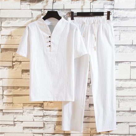 OEM custom logo embroidery printed design linen suit men's large size chinese style loose retro cotton and linen two-piece suit
