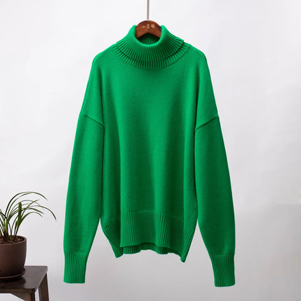 2025 Cross - Border Solid Color Turtleneck Sweater: European and American Autumn/Winter Loose Knit Pullover for Women