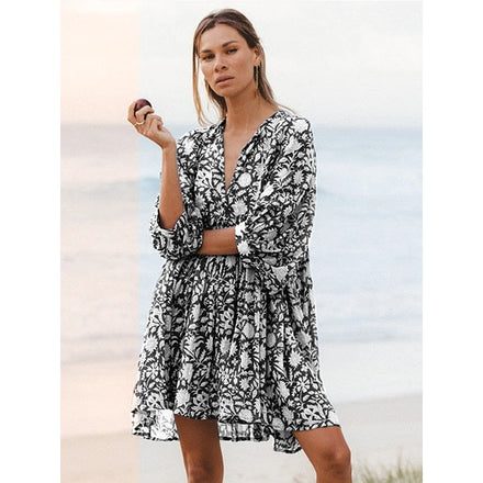 2025 Summer European & American Fashion Women's Dress: Floral Casual Cotton Dress with Drawstring - Beach Vacation Mini Style