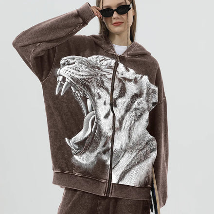 Wholesale 350gsm Digital Print Logo Oversized Vintage Washed Hoodie for Men Full Zip-up Cropped Zipper Hooded Sweatshirt