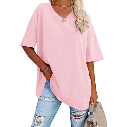Cross-border European & American Women's Spring-Summer New Arrival: Loose Short-Sleeve V-Neck Cotton T-Shirt with Waist Cinch