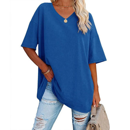 Cross-border European & American Women's Spring-Summer New Arrival: Loose Short-Sleeve V-Neck Cotton T-Shirt with Waist Cinch