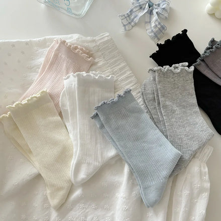 Korean New Fashion Solid Color Ruffle Socks Cozy Cotton Thin Hollow Breathable Socks Women