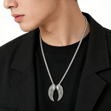3D Effect Stainless Steel Angel Wing Pendant Necklace with Link Chain Punk Style Feather Charms Unisex