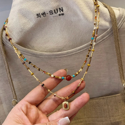 New Fashion Chinese Style Natural Stone Beaded Necklace High-end Double-layer Stacking Accessories Clavicle Necklace for Women