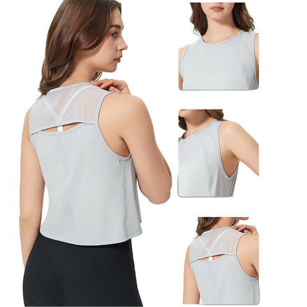 Custom Front Logo Quick Dry Lightweight Spandex/Nylon Crop Yoga Top Plus Size Summer Workout Tank for Running Tennis Crew Neck