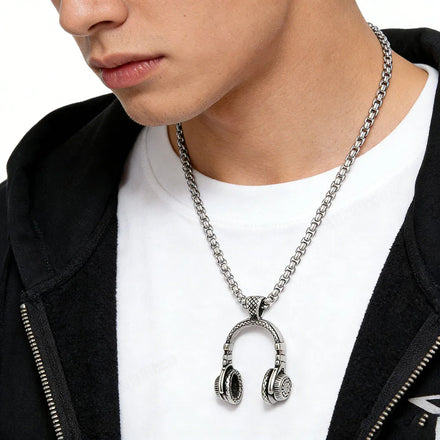 Vintage Geometric Gold Plated Stainless Steel Pendant Necklace Unisex Retro Headphones Link Chain Casual Anniversary