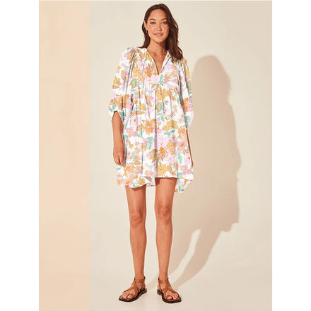 2025 Summer European & American Fashion Women's Dress: Floral Casual Cotton Dress with Drawstring - Beach Vacation Mini Style