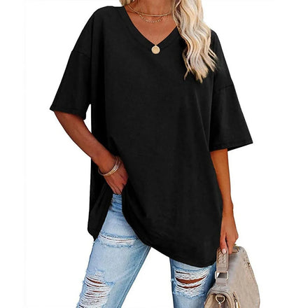 Cross-border European & American Women's Spring-Summer New Arrival: Loose Short-Sleeve V-Neck Cotton T-Shirt with Waist Cinch