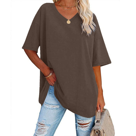 Cross-border European & American Women's Spring-Summer New Arrival: Loose Short-Sleeve V-Neck Cotton T-Shirt with Waist Cinch