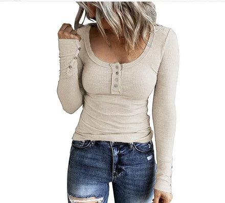 2025 Autumn New Arrival European & American Cross-Border Women's Clothing: Button Vest-Inspired Round-Neck Long-Sleeve T-Shirt