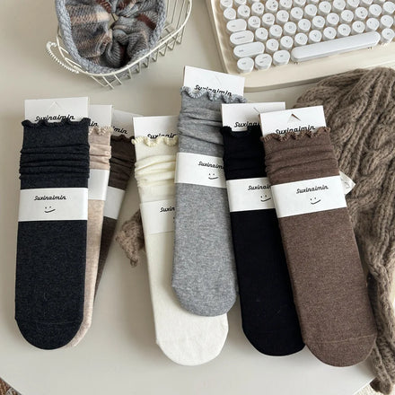 Autumn New Fashion Solid Color Ruffle Socks Cozy Cotton Breathable Women Socks