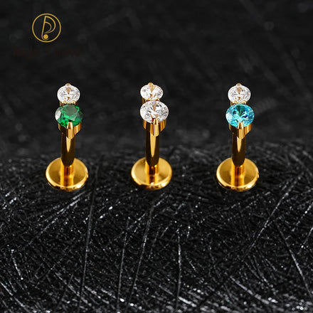 ASTM F136 Titanium Internal Thread Double CZ Cartilage Earring Tiny Two Stone Flat Back Labret Stud Tragus Helix Nose Piercing