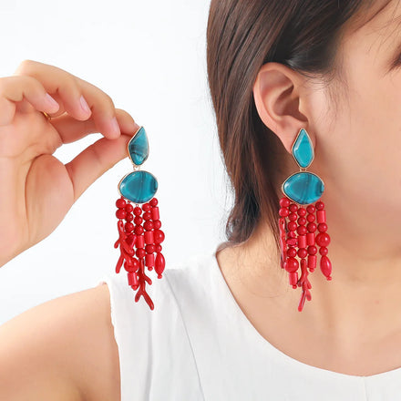 European and American Red Branch Tassel Multi-layer Turquoise Earrings for Women Summer Natural Ocean Vacation Style Earrings