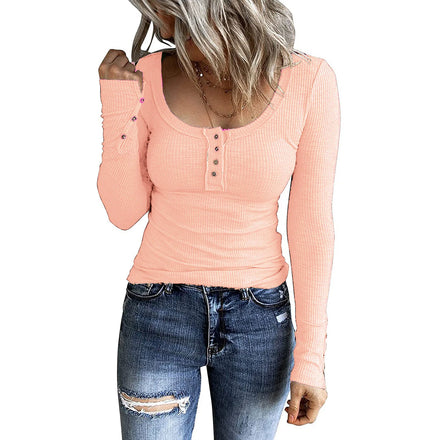 2025 Autumn New Arrival European & American Cross-Border Women's Clothing: Button Vest-Inspired Round-Neck Long-Sleeve T-Shirt